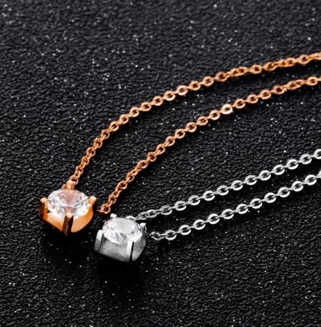 Chain Link Necklace with Round White Cubic Zirconia Charm