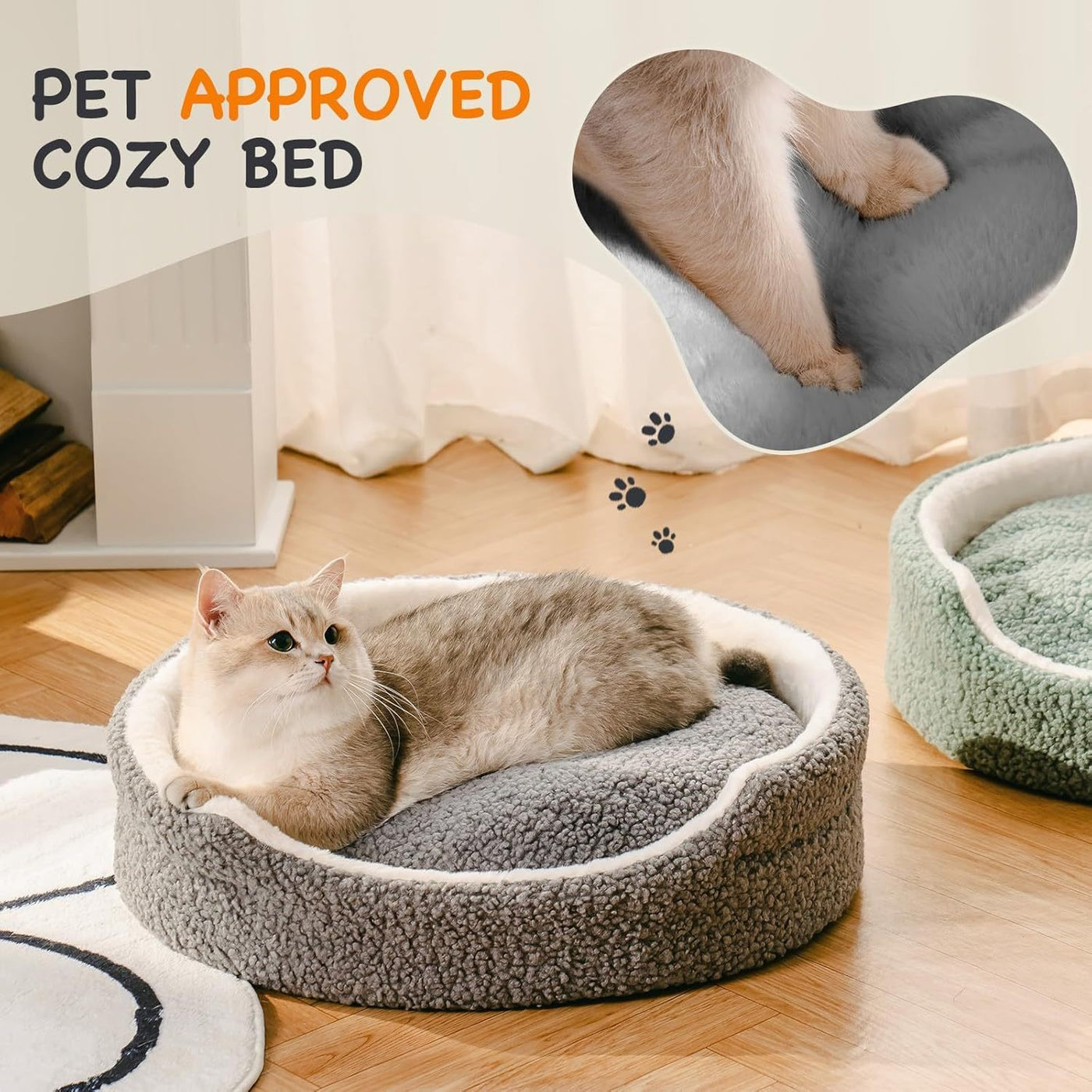 Plush Round Bed For Puppies & Indoor Kittens, Grey