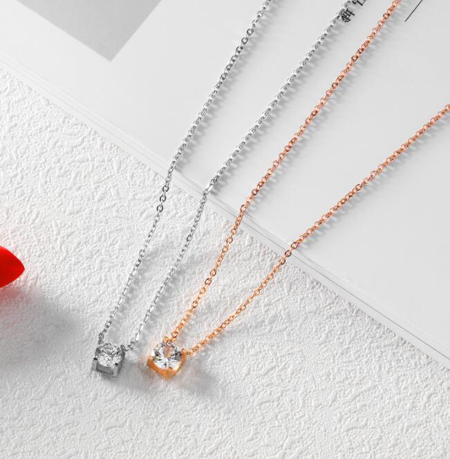Chain Link Necklace with Round White Cubic Zirconia Charm