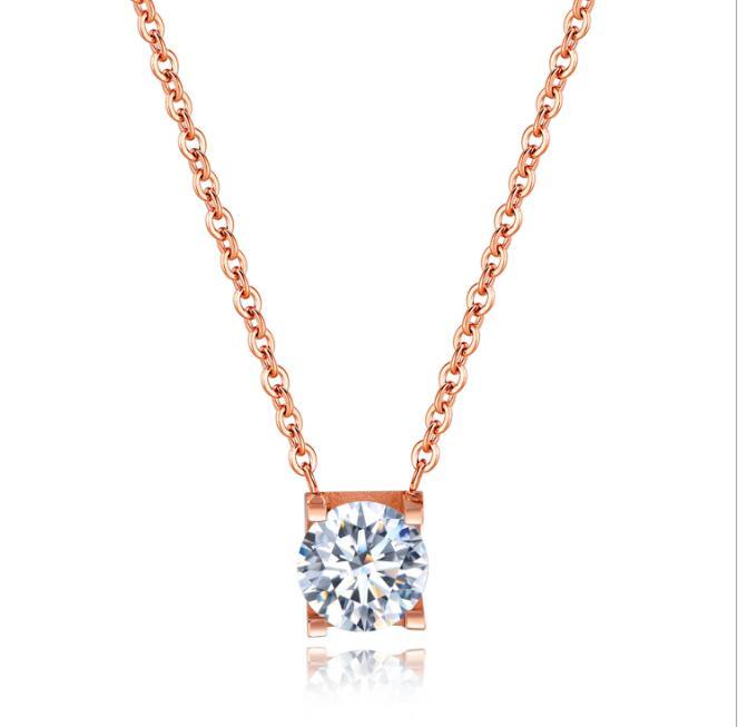 Chain Link Necklace with Round White Cubic Zirconia Charm