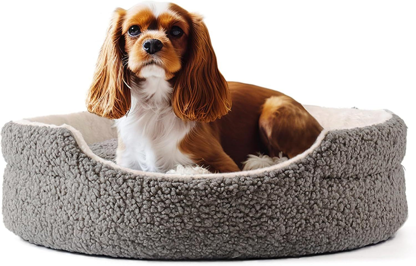 Plush Round Bed For Puppies & Indoor Kittens, Grey